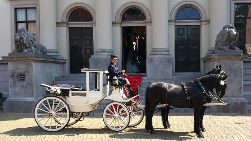 Bruidspaar stapt uit een witte trouwkoets versierd met witte bloemen